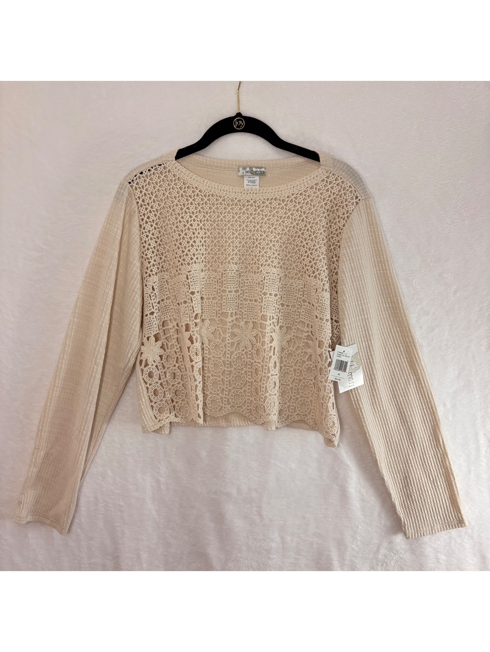 Wild Moss Ivory Crochet Lace Top Women’s M NWT Boho Long Sleeve Cropped